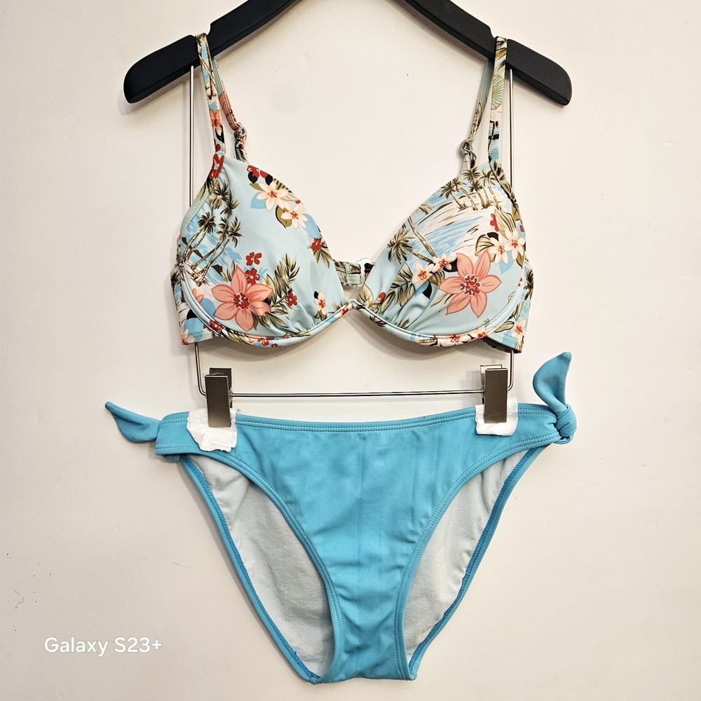 Separates Aqua Couture Tropical Bikini Set‎ L Underwire Palm Tree Beach Blue